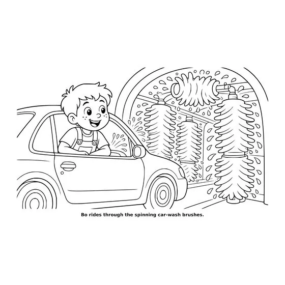 Sample interior page 2 from Maple Street: Car Wash Day — bold black outline art on white