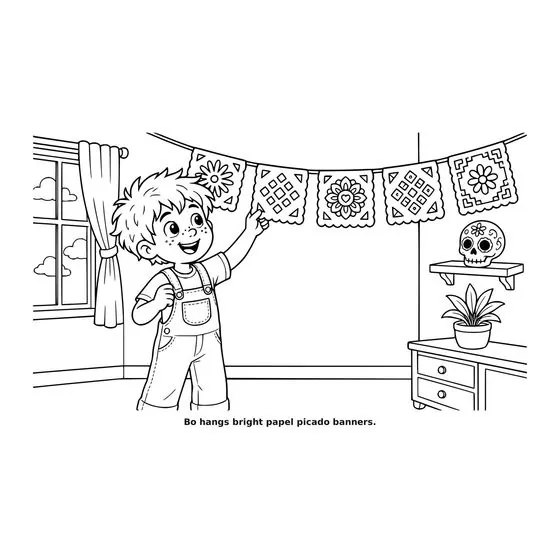 Sample interior page 2 from Maple Street: Día de los Muertos — bold black outline art on white