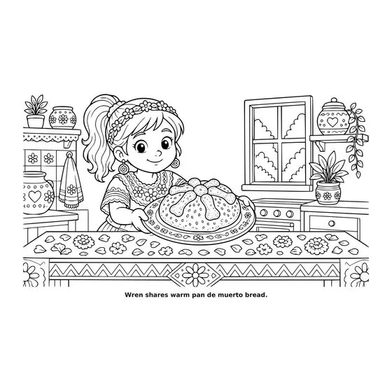 Sample interior page 3 from Maple Street: Día de los Muertos — bold black outline art on white