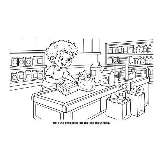 Sample interior page 2 from Maple Street: Grocery Day — bold black outline art on white